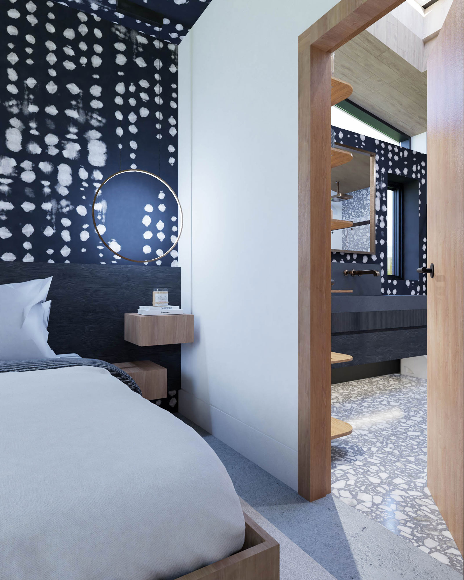 A cozy bedroom at the Romanian Chalet featuring a wooden bed, contemporary black-and-white wallpaper, and a subtle view of the master ensuite beyond.