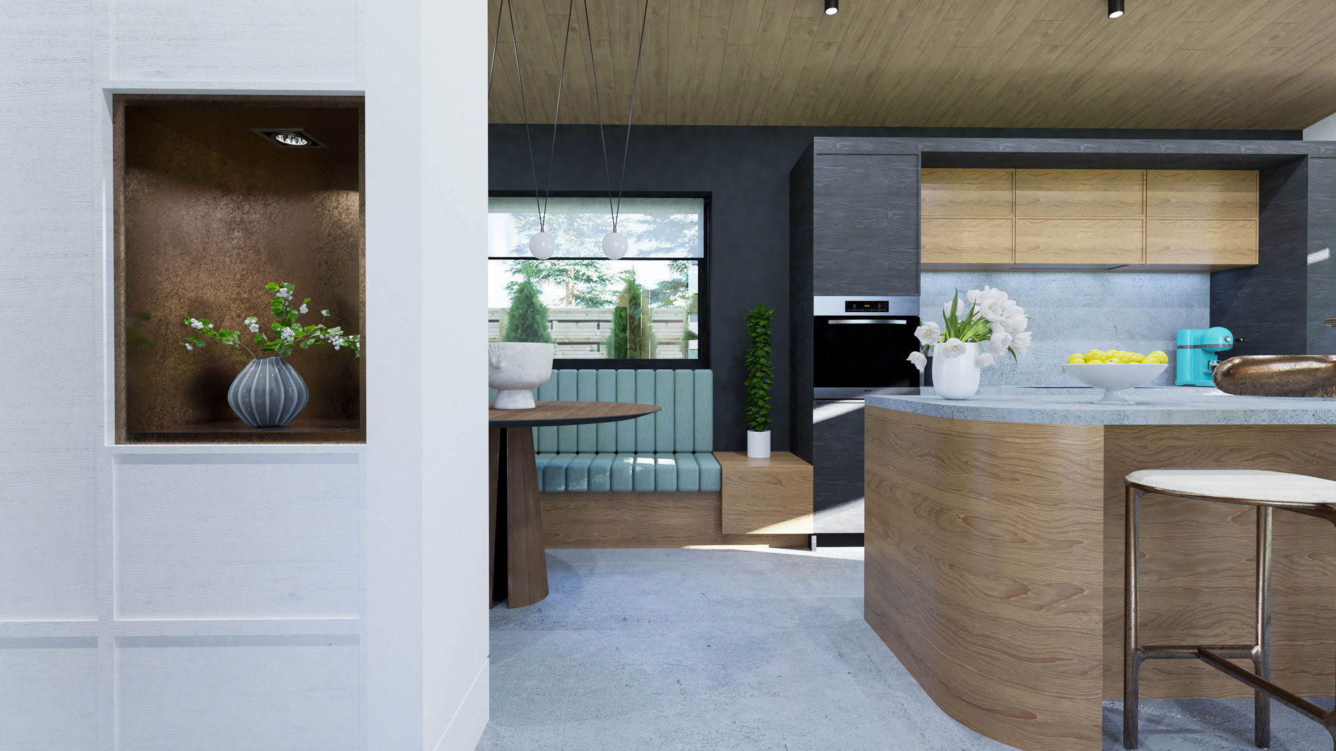 A modern kitchen and dining area with a black tall kitchen cabinet connected to a warm wood bench, set against a black painted wall.