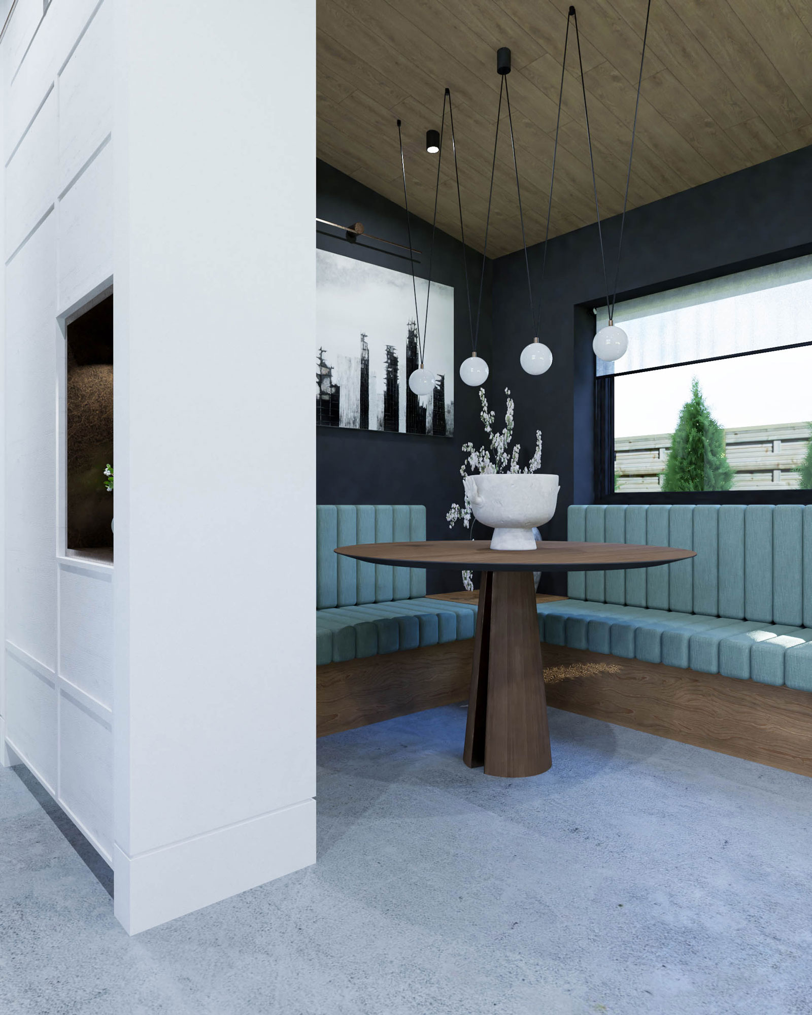 Modern chalet dining nook with custom wrap-around built-in bench, cushioned seating, and a round wood table in Romania.