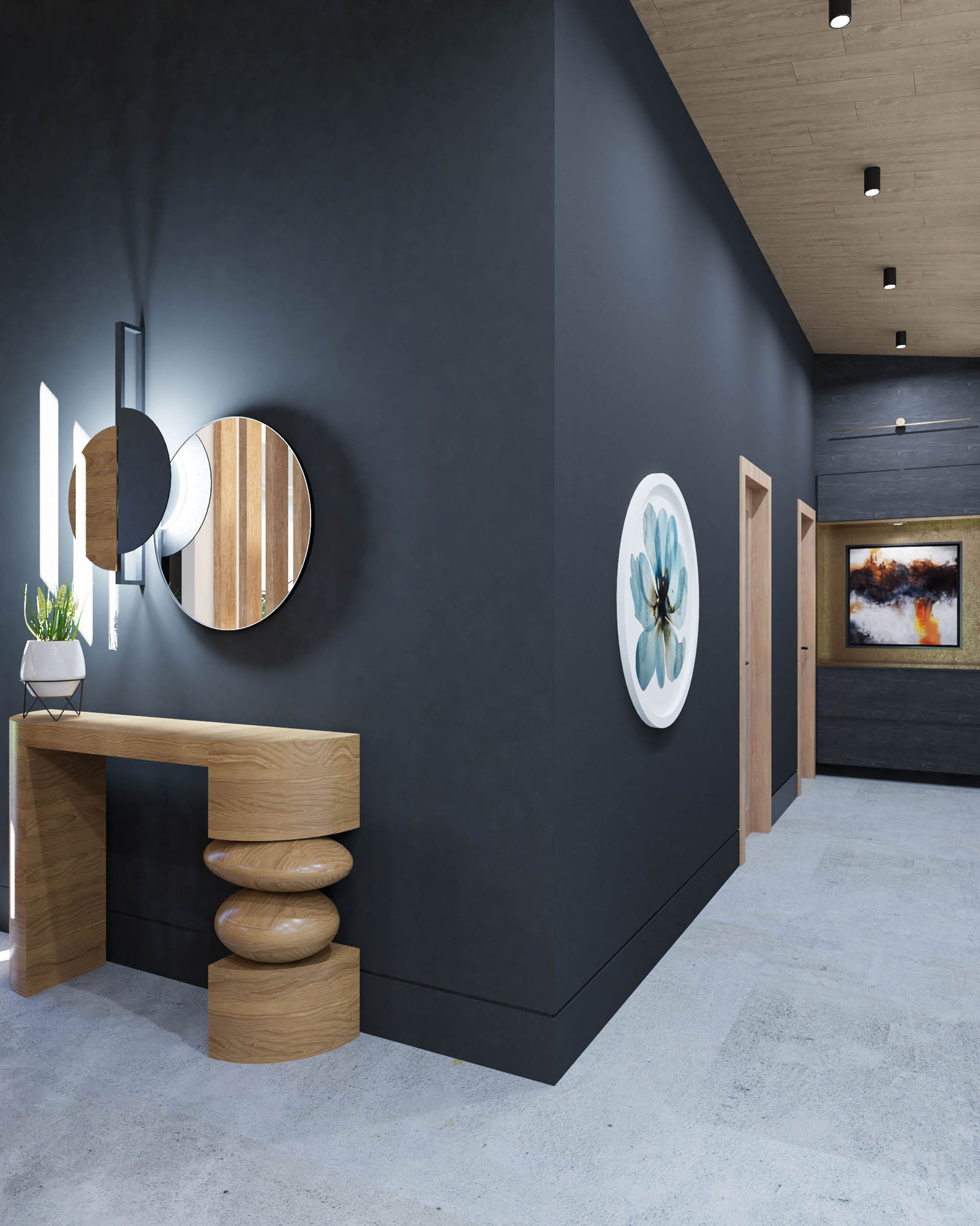 A view of the Romanian Chalet’s entrance and hallway, featuring black walls, a wood ceiling, and matching wood doors. The same flooring from the living area extends throughout the space.