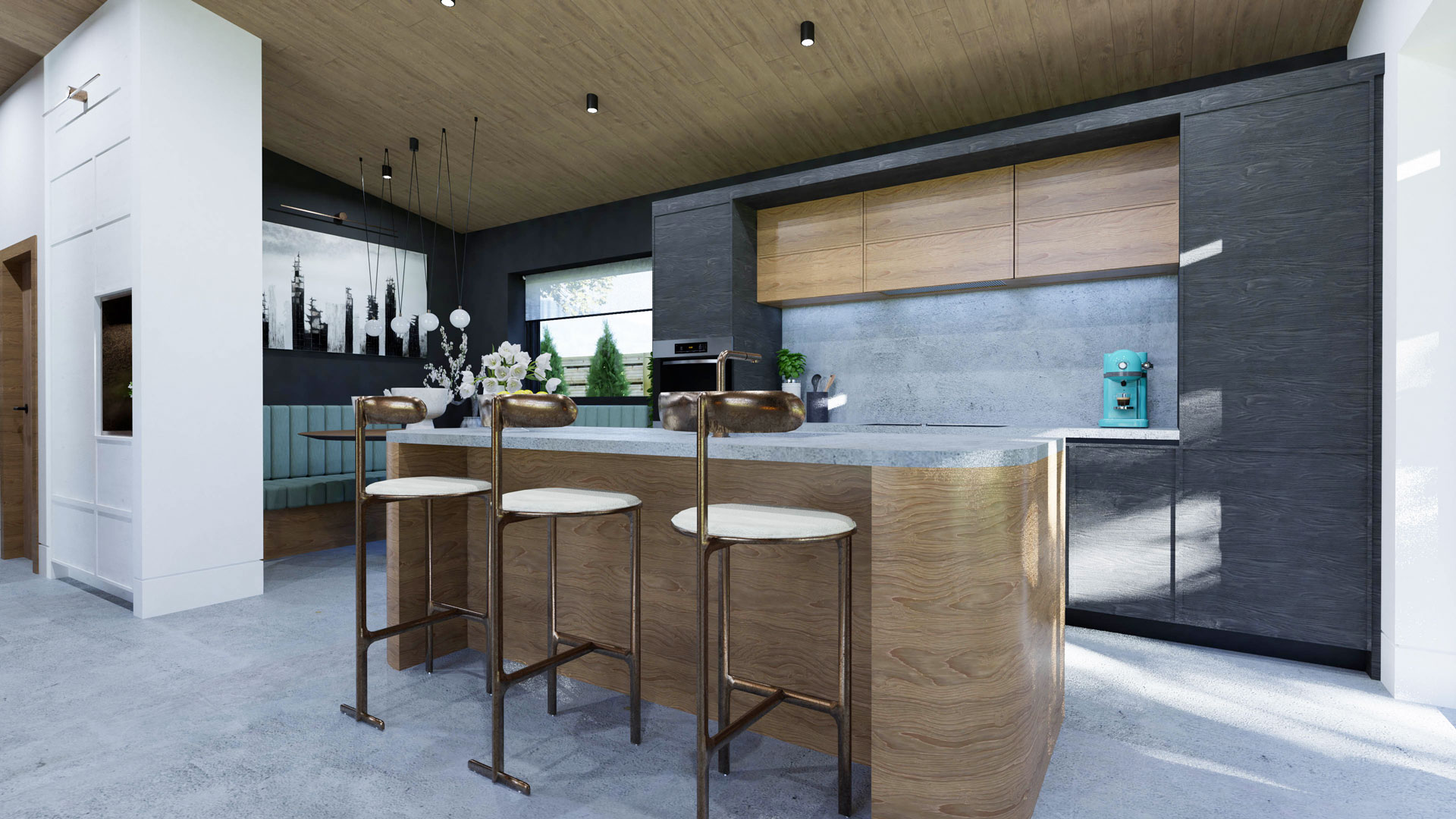 A sleek kitchen design featuring a combination of black and warm-tone wood cabinetry, a wood island, concrete-style quartz countertops, and a matching wood ceiling.