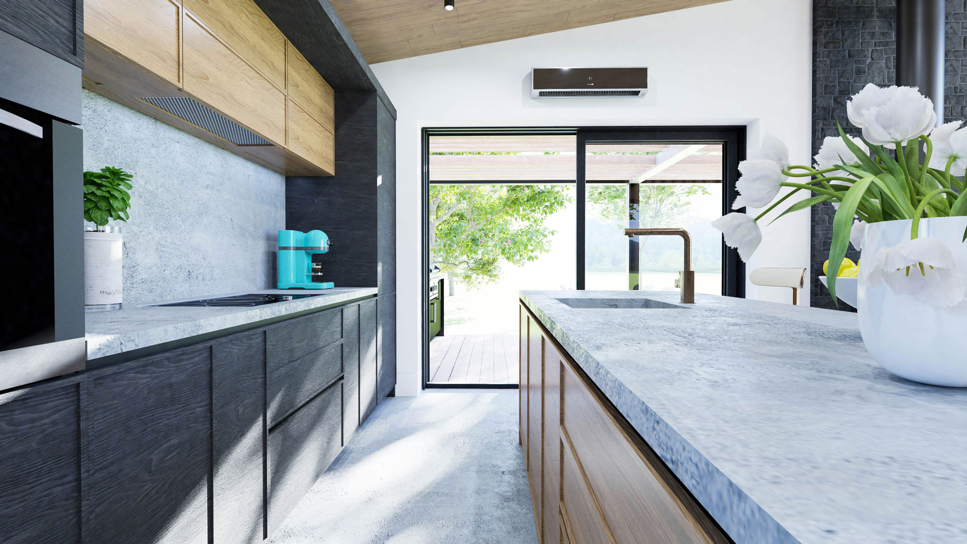 Modern two-tone chalet kitchen with black wood cabinetry, warm wood island, concrete-style quartz countertops, and large patio doors in Romania.