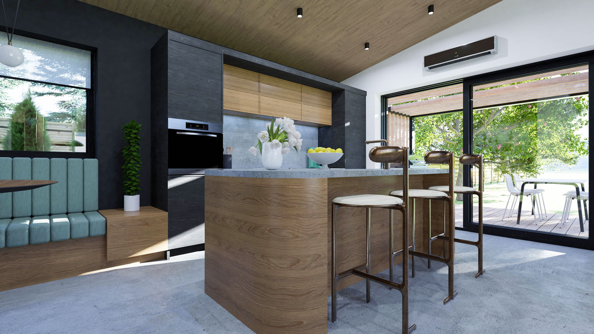 A modern kitchen with black and warm-tone wood cabinetry, a wood island, concrete-style quartz countertops, and a large sliding glass door opening to the outside.