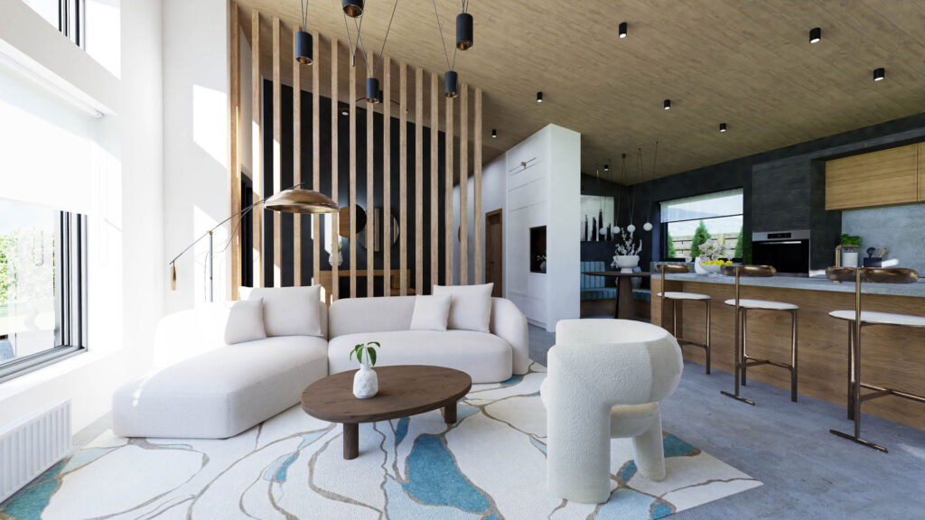 Modern chalet living room with contemporary furniture and a vertical wood slat wall dividing the space from the entrance in Romania.