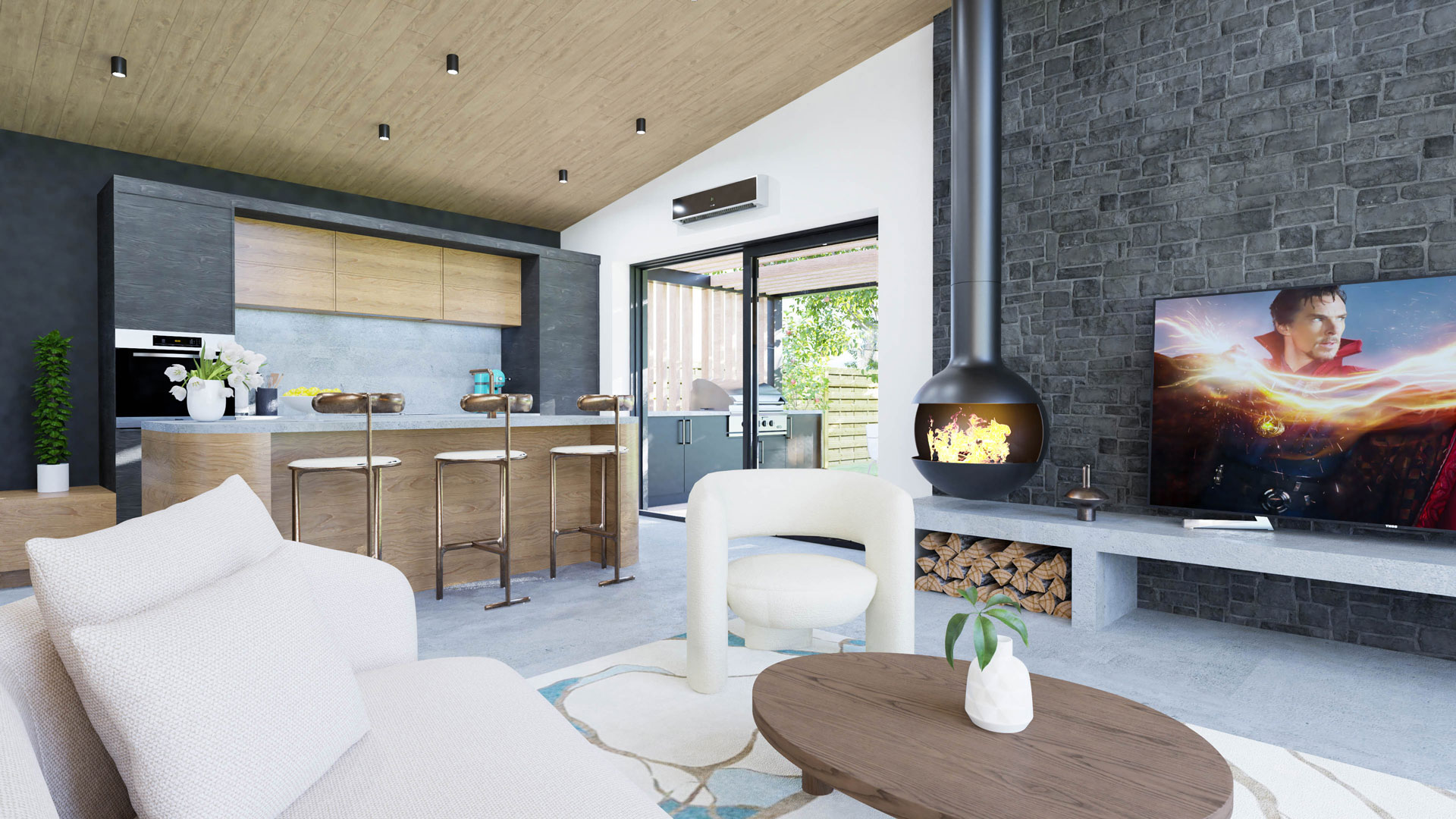 Modern chalet living room with natural stone-inspired concrete elements, quartz countertops, TV ledge, firewood storage, and outdoor patio door in Romania.